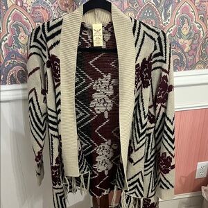 Faded Glory Cream, Black, Burgundy Patterned Cardigan